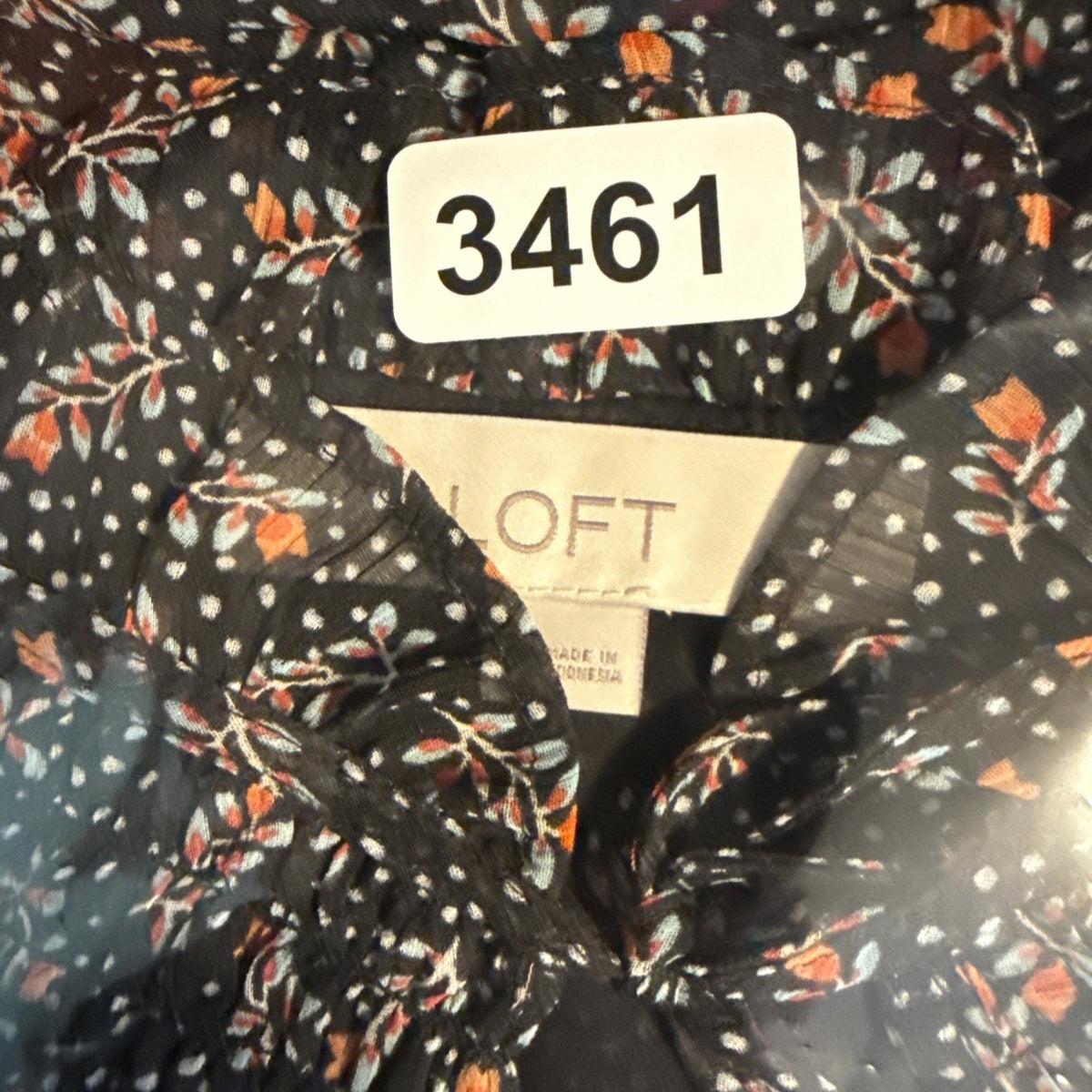 LOFT Black Floral Ruffle Neck Blouse Small Long Sleeve Lightweight Top