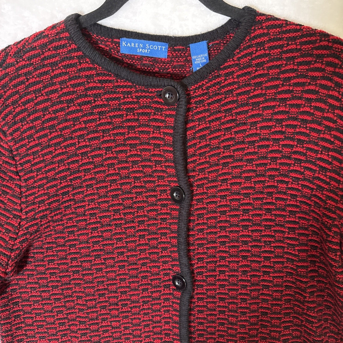 Karen Scott Sport Women’s Cardigan Sweater L Red/Black Knit Acrylic Button