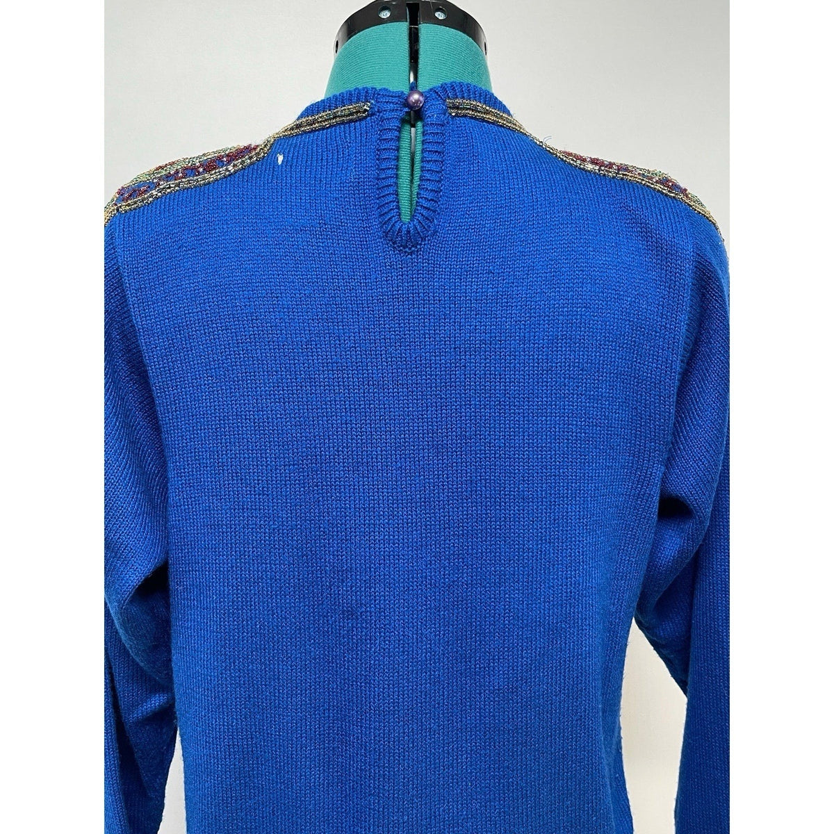 Plain Jane Vintage Blue Beaded Midi Length Long Sleeve Sweater Dress SizeMedium