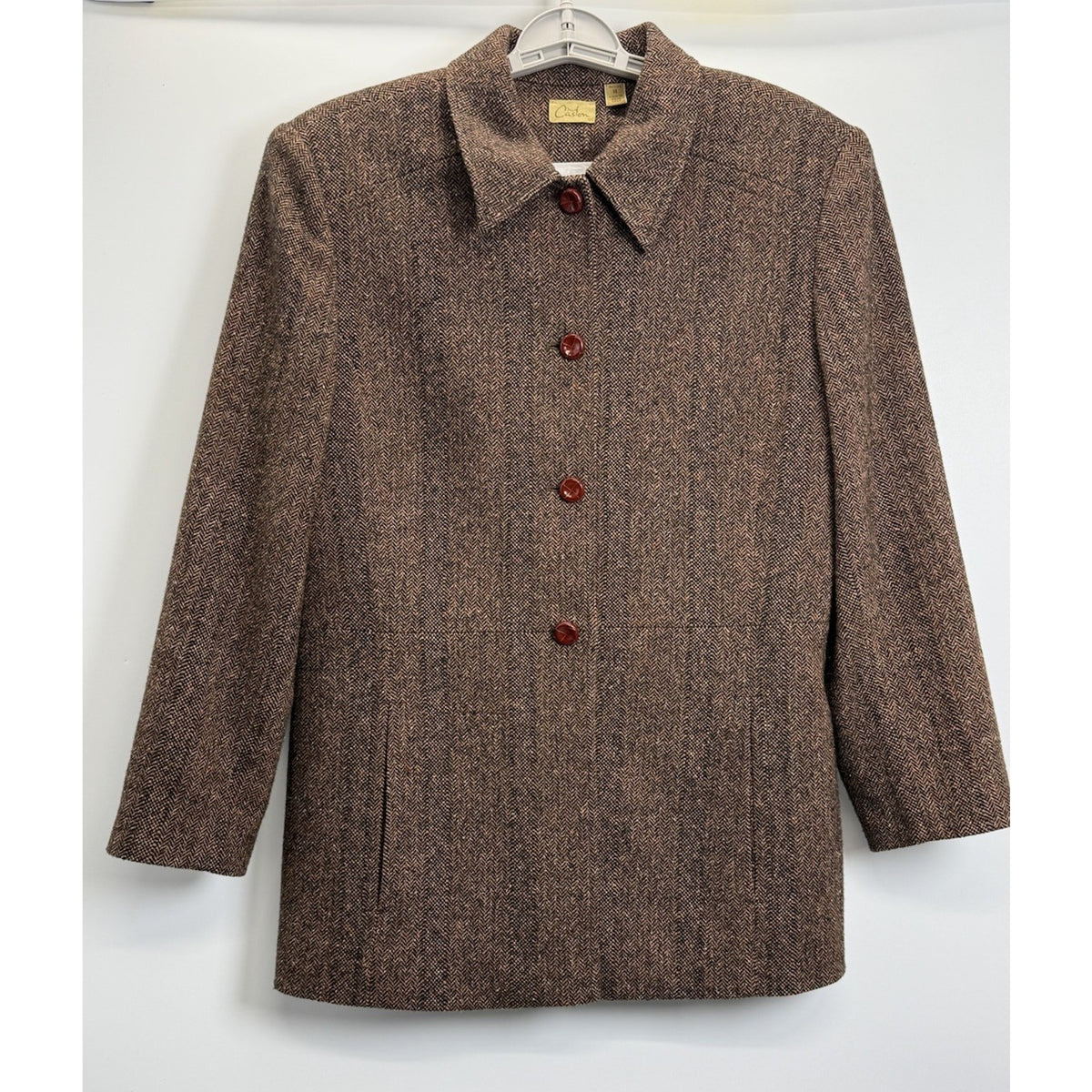 Caston Vintage Herringbone Wool Blend Blazer Jacket Petite 14 Brown Academia