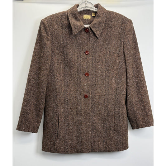 Caston Vintage Herringbone Wool Blend Blazer Jacket Petite 14 Brown Academia