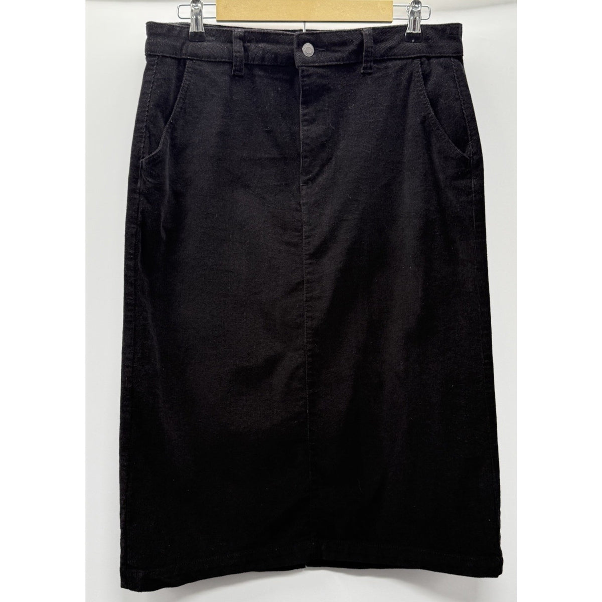 Time and Tru Black Corduroy Midi Skirt Size 10 Stretch Slit Minimalist