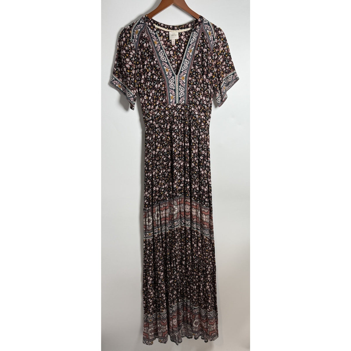 Knox Rose Gauzy Peasant Maxi Dress XS Empire Floral Print Boho Cottage Festival