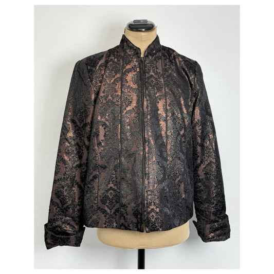 Coldwater Creek Brocade Metallic Bronze Black Zip Front Jacket PM