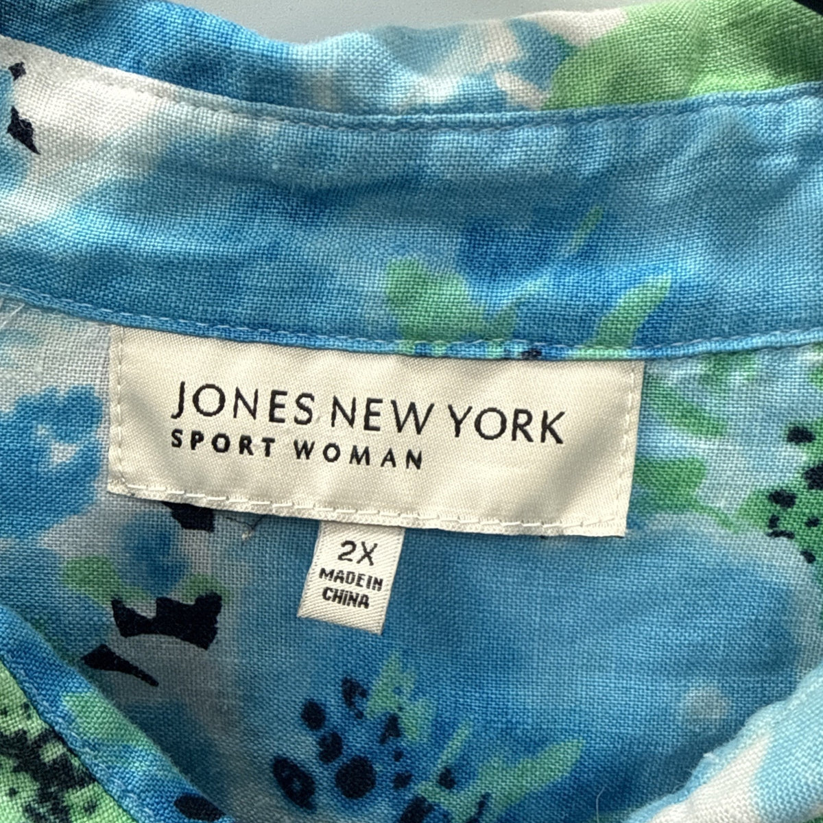 Jones New York Button Up Blouse Women Blue Floral Watercolor Linen Lagenlook 2X