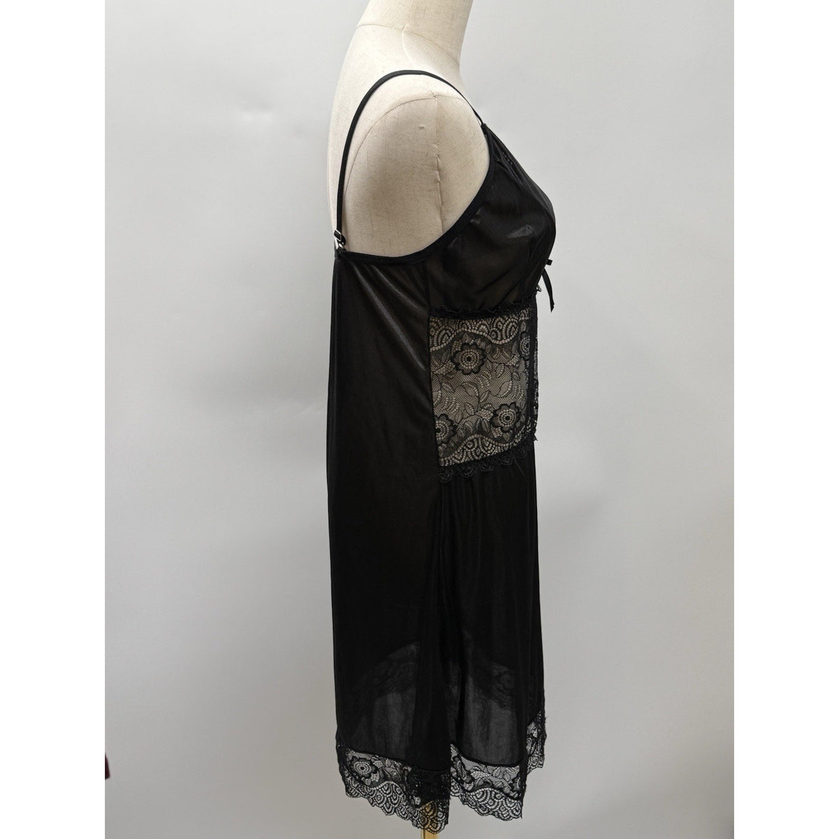Tracy Black Satin Lace Slip Dress Adjustable Straps Romantic Lingerie Goth Sz L