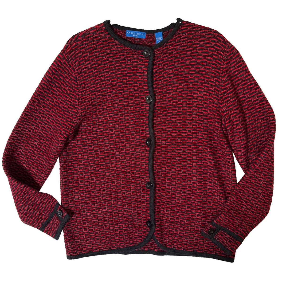 Karen Scott Sport Women’s Cardigan Sweater L Red/Black Knit Acrylic Button