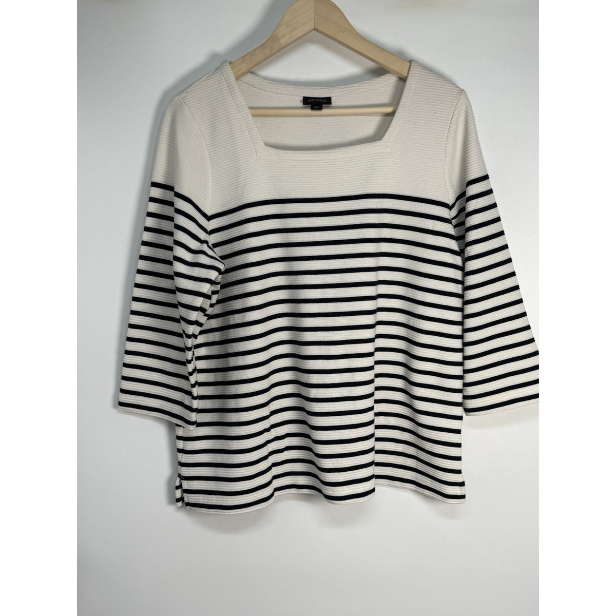 J.Jill Wearever L Navy White Stripe 3/4 Sleeve Square Neck Top Cotton