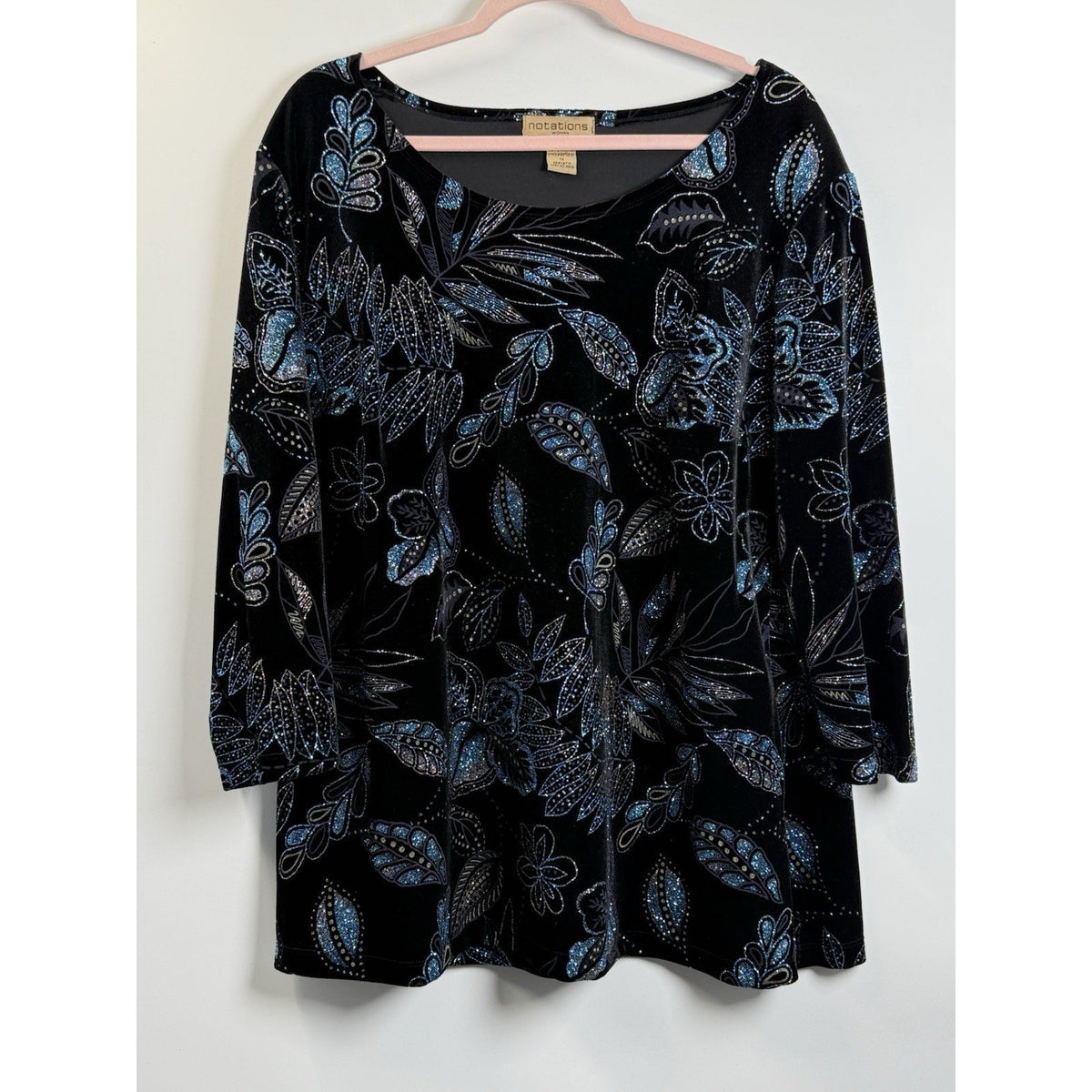 Notations Black Velvet Floral Glitter Top 1X Blue Shimmer Stretch Whimsigoth