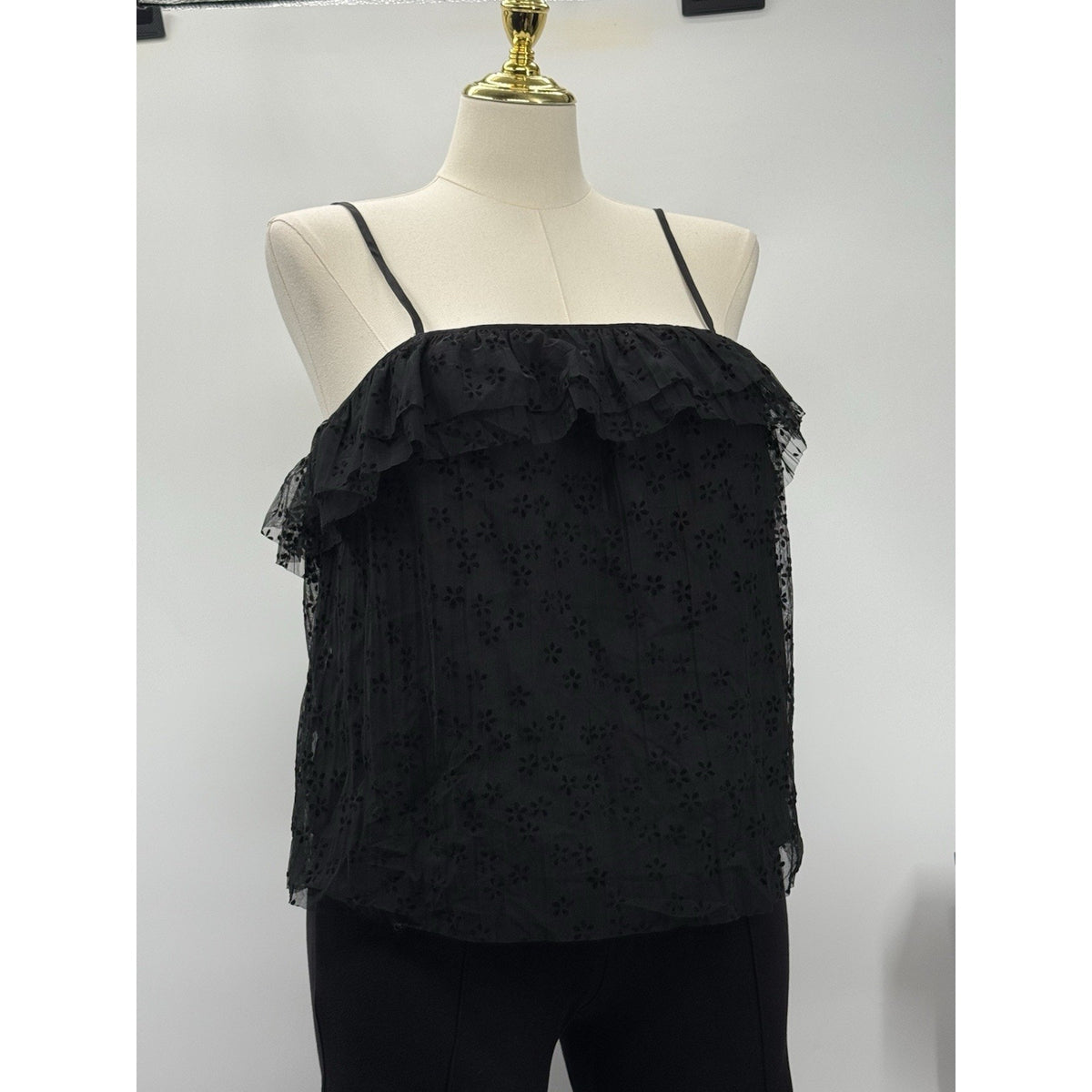 J Crew Black Sheer Ruffle Camisole Top Floral Mesh Size L