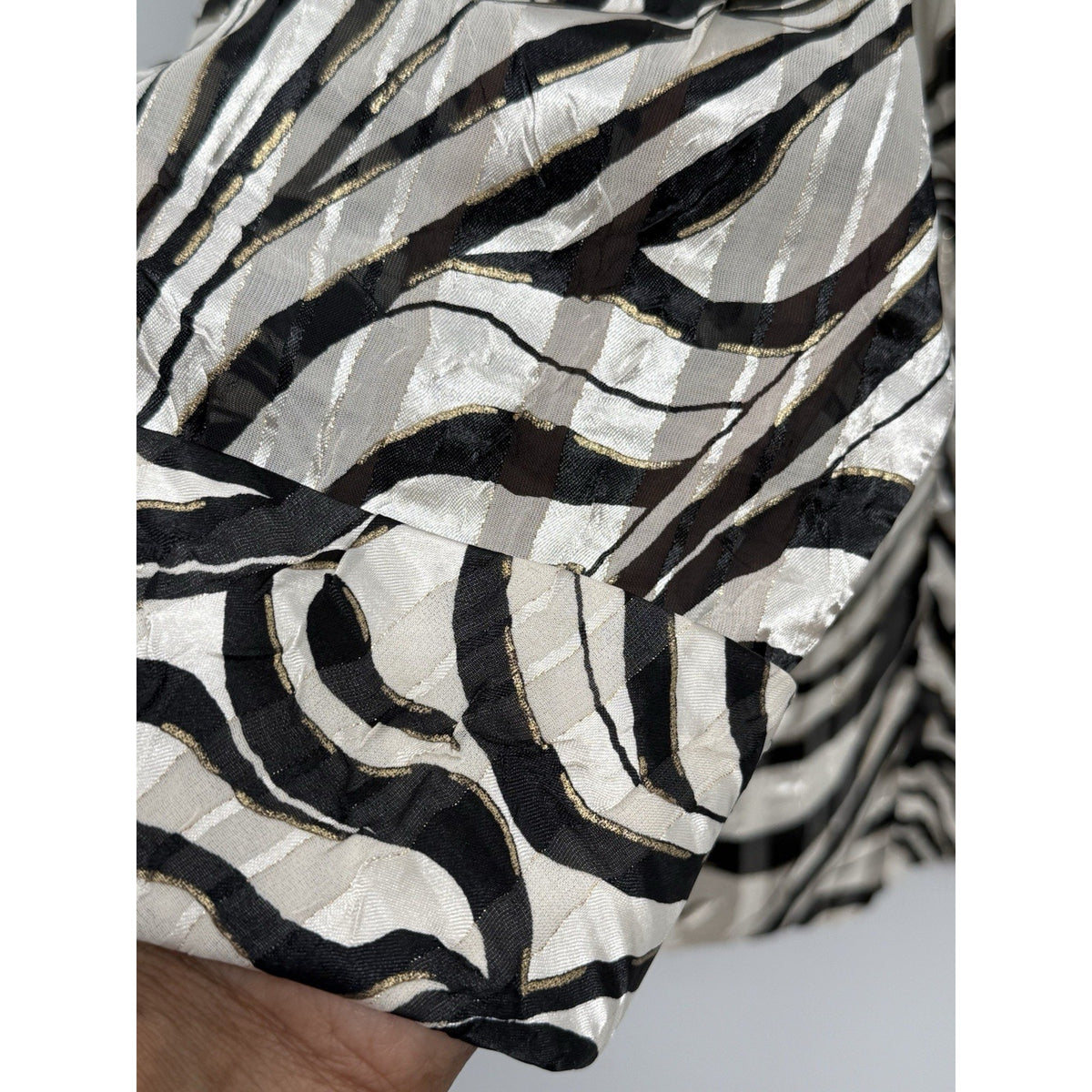 Alex Evenings Women’s L Black Ivory Abstract Tie Belt Lined 3/4 Sleeve Jacket