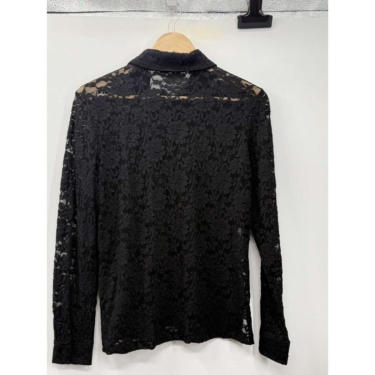 Liz Claiborne Lace Blouse Womens S Black Button Front Sheer Floral Top
