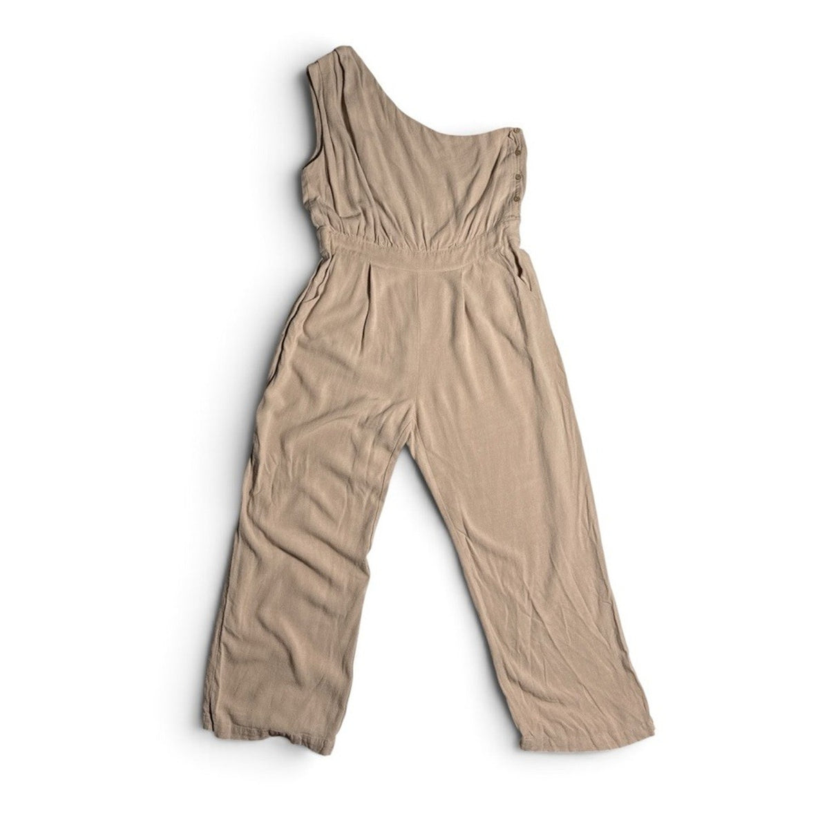 HEYSON Women L One Shoulder Wide Leg Jumpsuit Beige Taupe Boho Minimalist