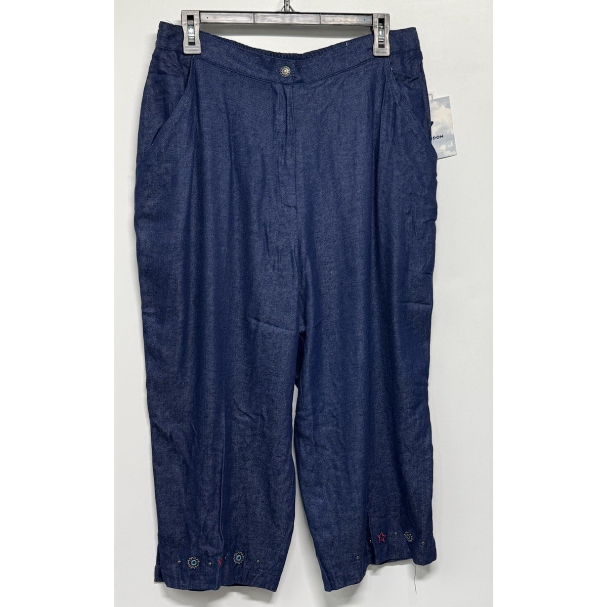 Erin London Capri Pants Large Blue Silk Blend Zip Fly Embroidered Hem