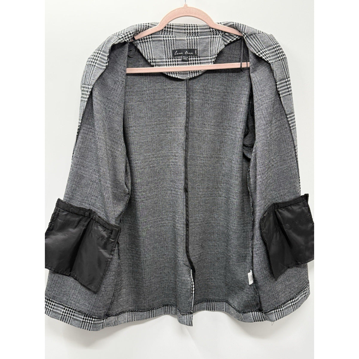 Love Tree Womens L Blazer Black White Plaid Stretch Career Work Jacket