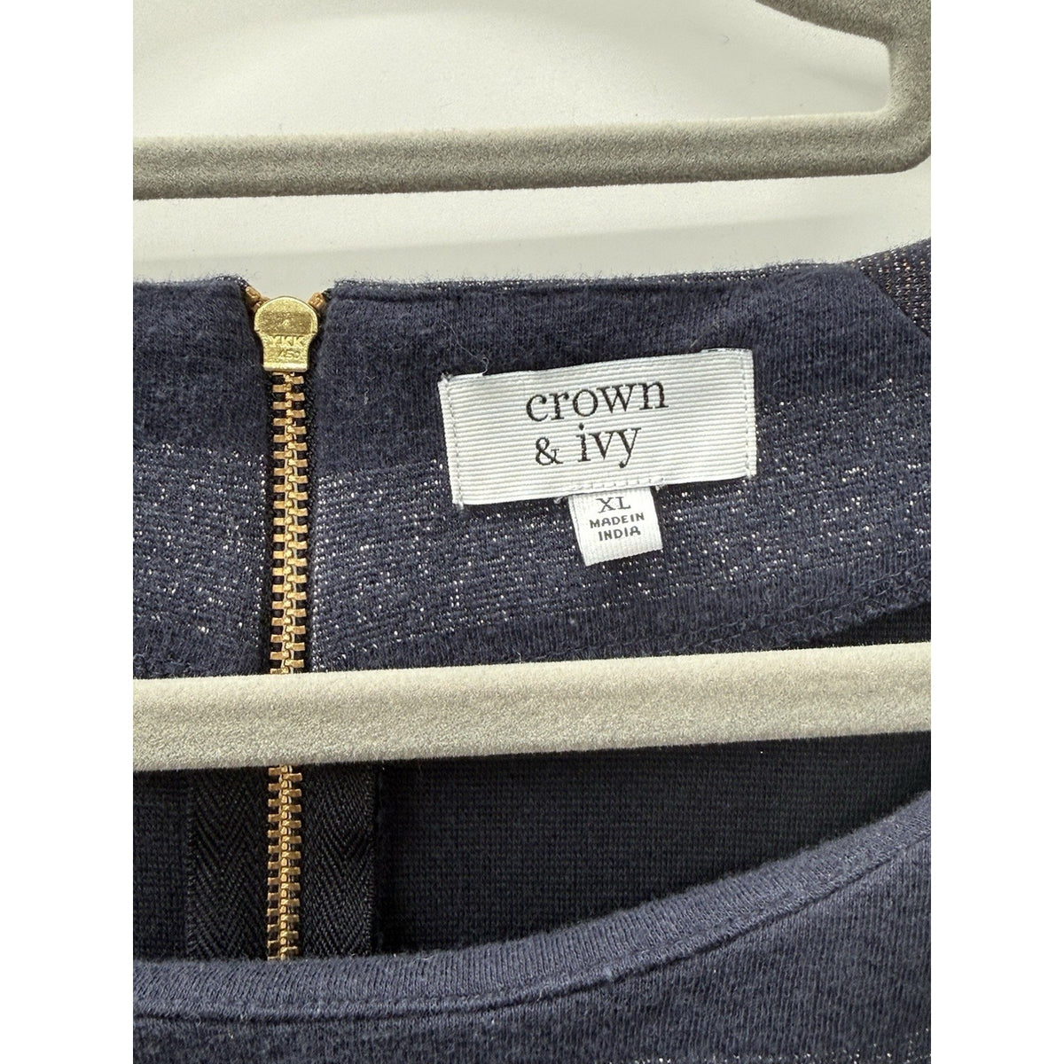 Crown & Ivy XL Navy Metallic Stripe Top Ruffle Bell Sleeve Knit Career Holiday