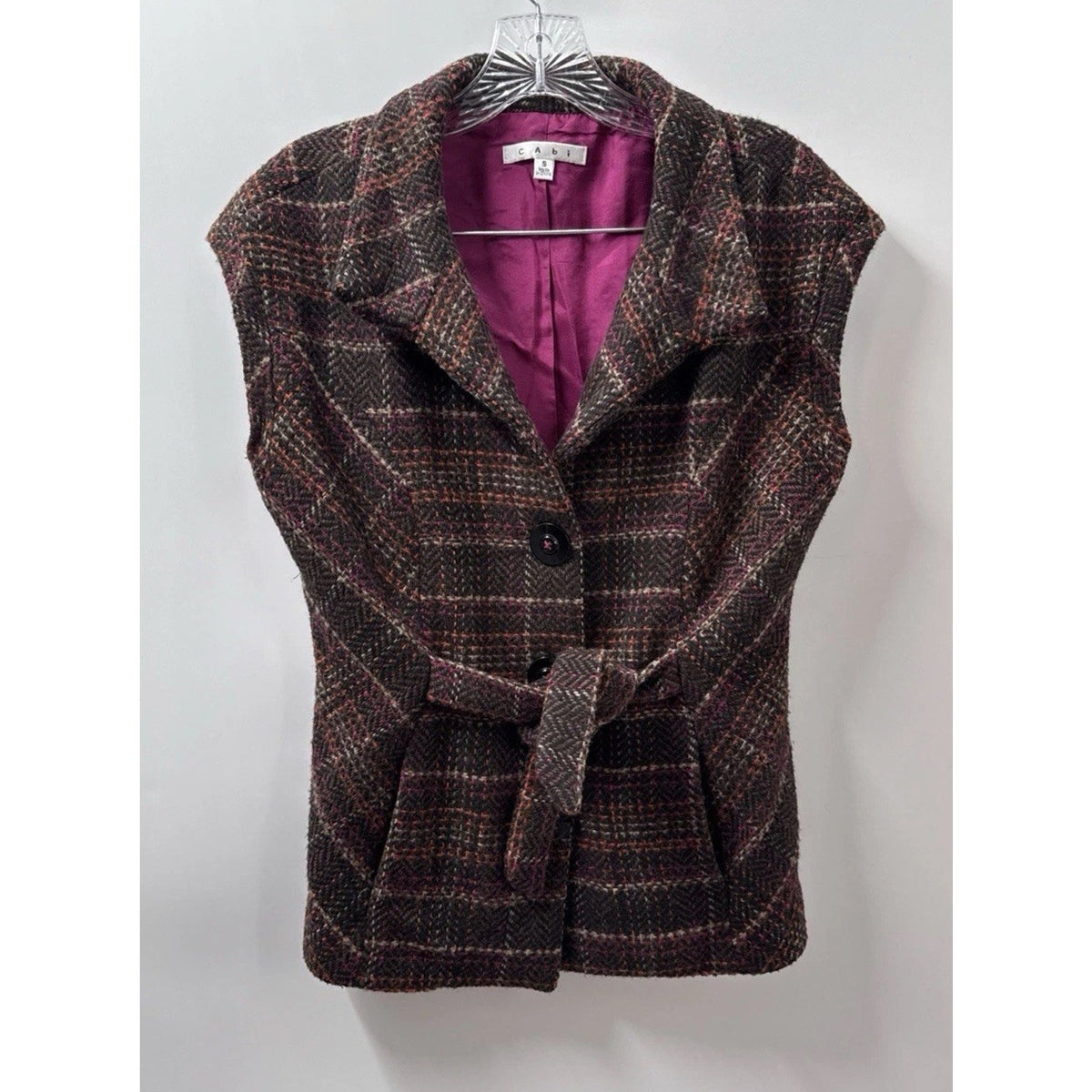 Cab Womens Tweed Wool Blend Vest Brown Pink Plaid Belted Button Front S