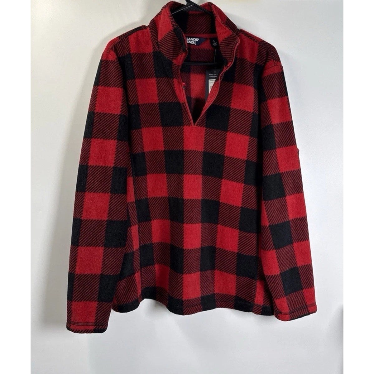 Lands End Women's L Buffalo Plaid Fleece 1/4 Zip Pullover Red Black NWT Flawed