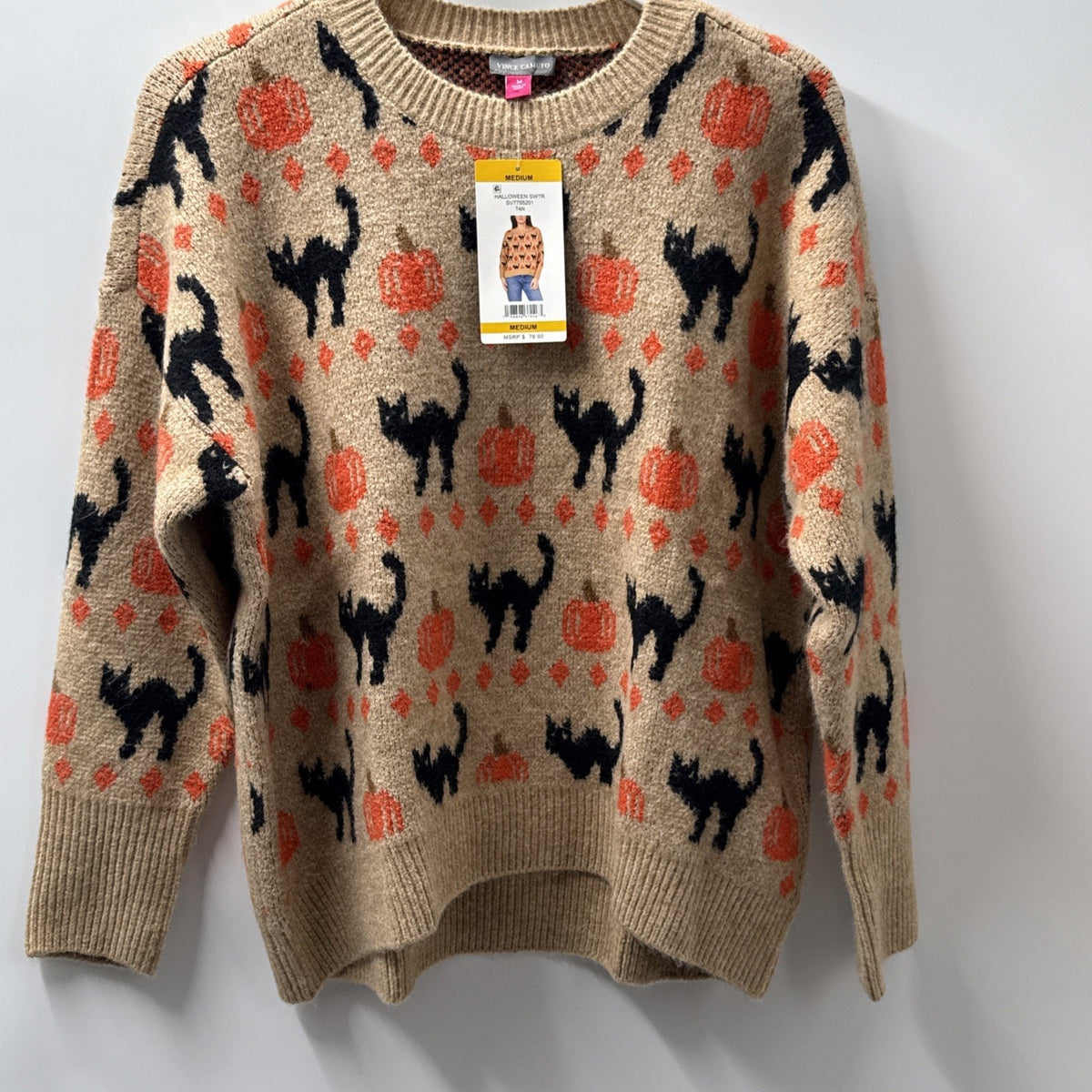 Vince Camuto Women's M Tan Knit Crew Neck Long Sleeve Halloween Cat Pumpkin NWT