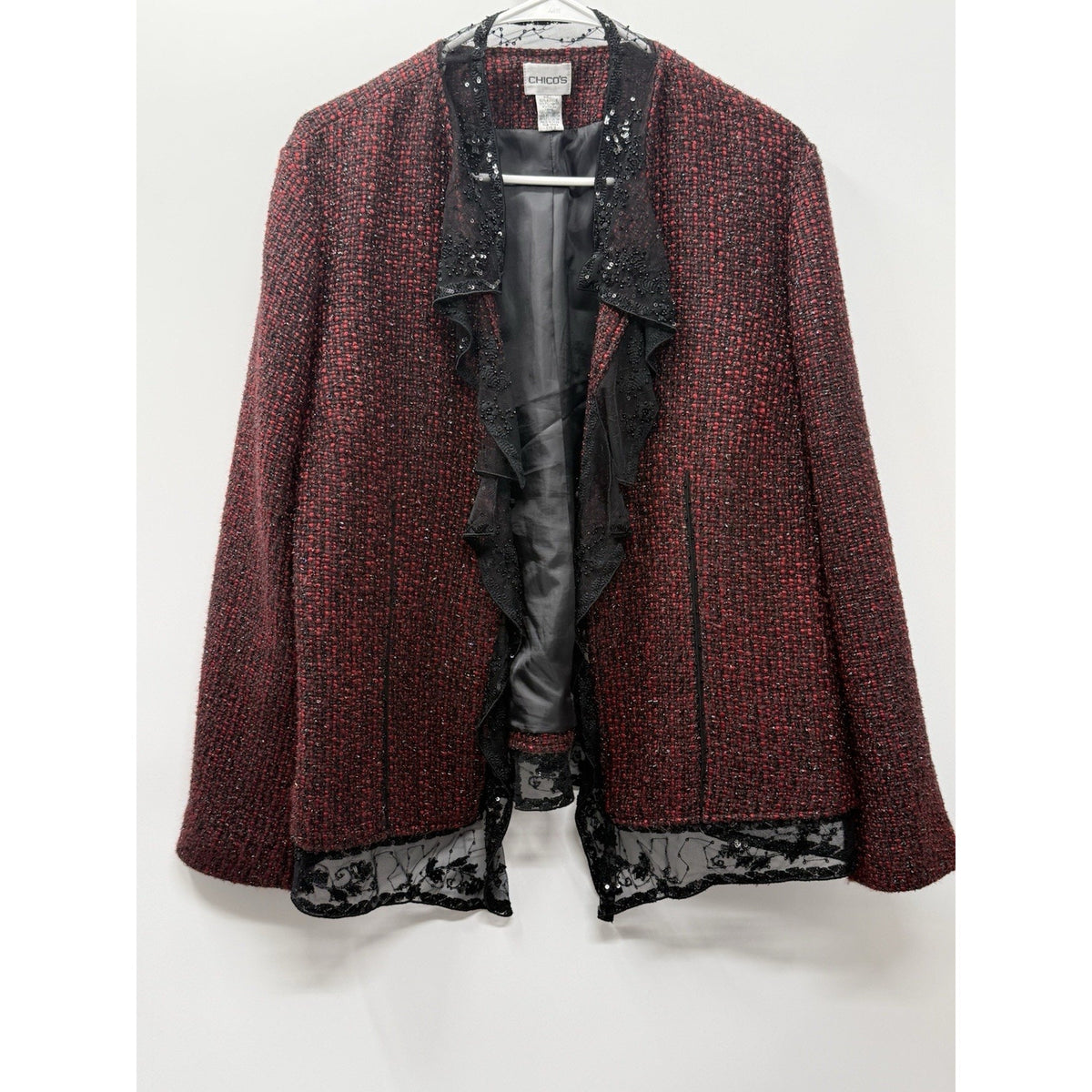 Chicos 2 Tweed Jacket Beaded Sequin Lace Holiday Evening Career Red Black XL
