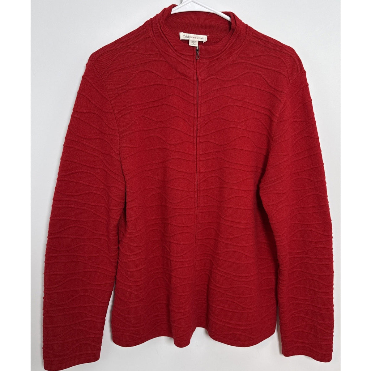 Coldwater Creek Women’s Red Zip Cardigan Knit Sweater Size Large Wavy Textured