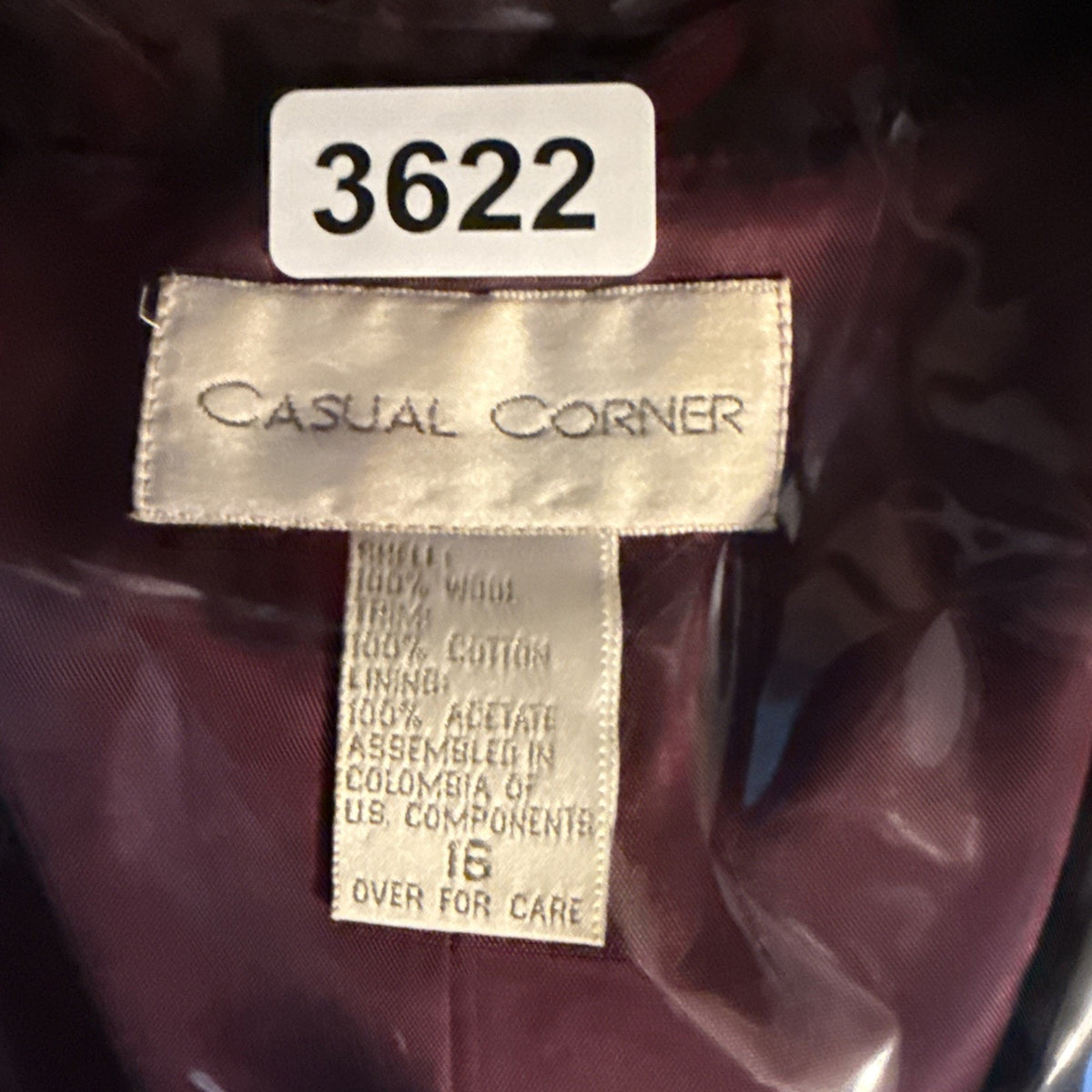 Casual Corner 100% Wool Blazer Jacket Size 16 Burgundy Velvet Trim Lined Career