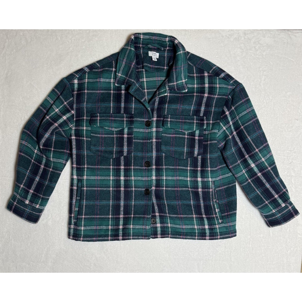 Crown & Ivy Plaid Jacket Womens Large Green Wool Blend Button Front Heavyweight