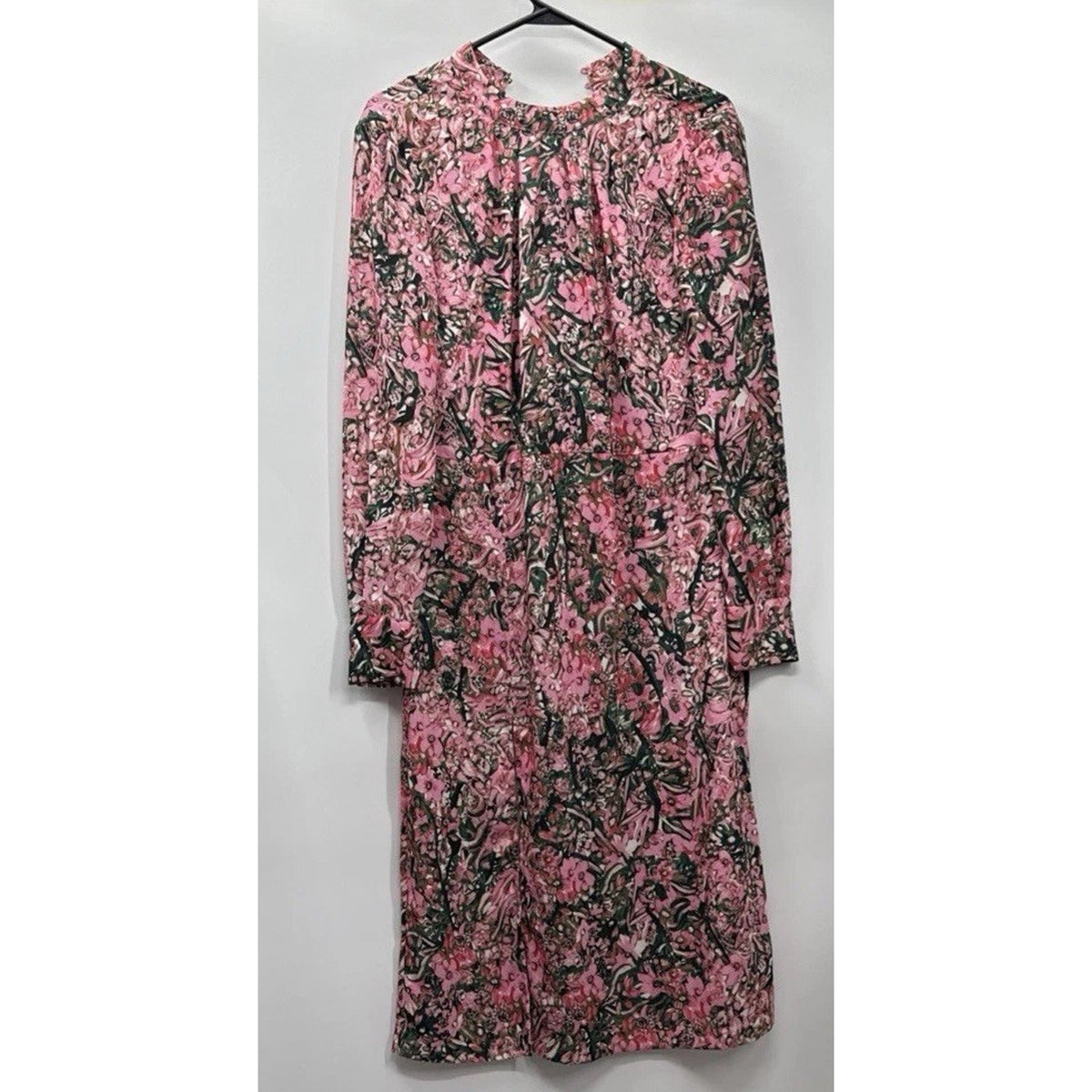 H&M Long Sleeve Pink & Green Midi Dress Size 4 High Neck Open Back Lightweight