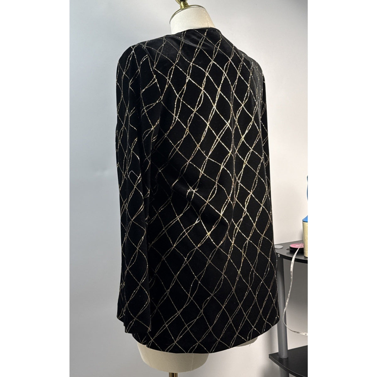 J.B.S. LTD. Size 12 Vintage Velvet Metallic Grid Open Front Jacket Black/Gold