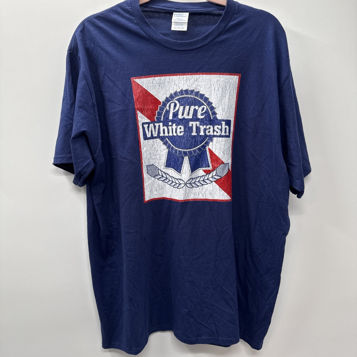 Pure White Trash Graphic T Shirt XL Blue Distressed Beer Parody Novelty Tee