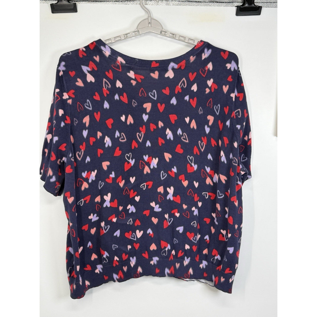 Woman Within Women’s Short Slv 4X Navy/Hearts Cotton Cardigan Sweater