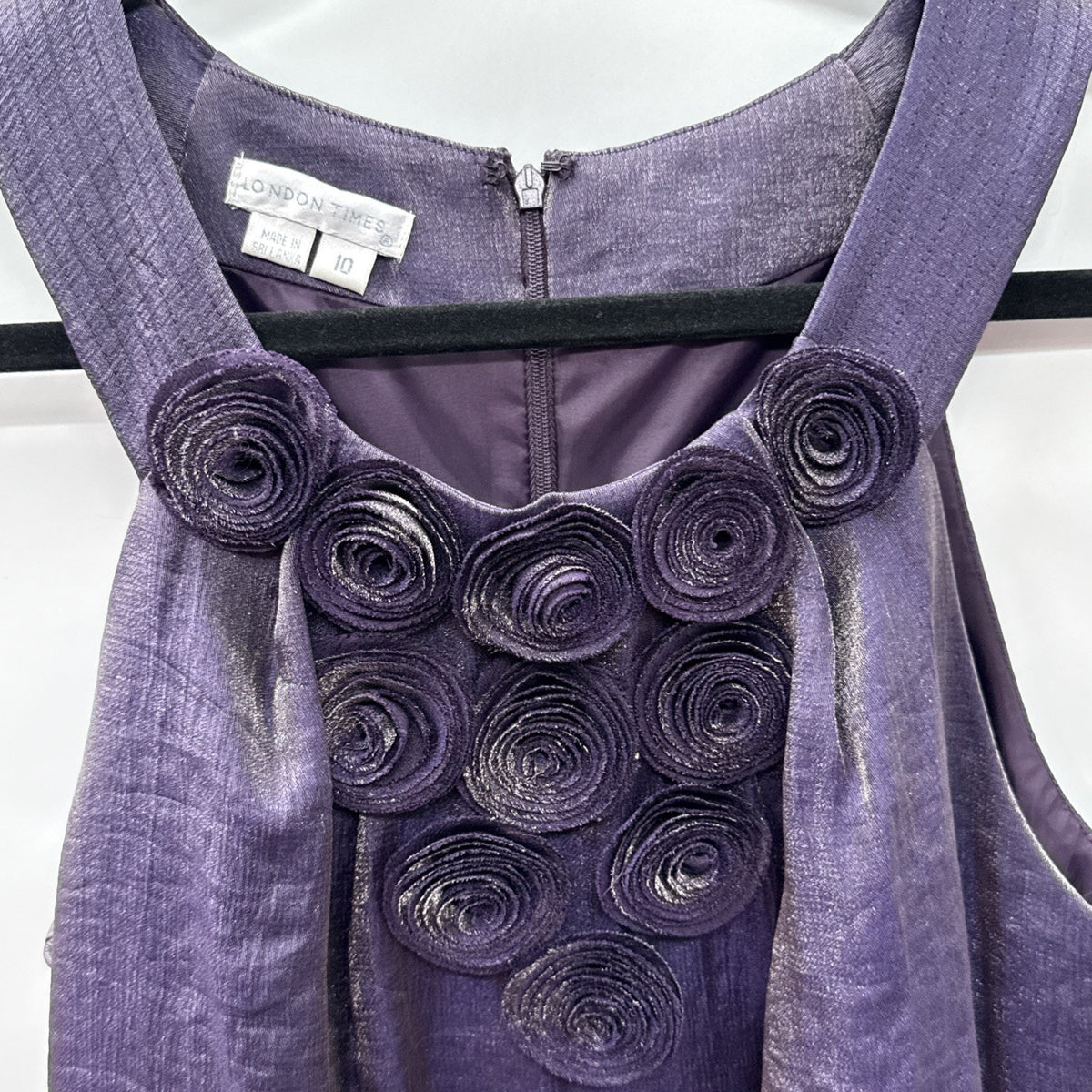 London Times Purple Rosette Shift Dress Size 10 Sleeveless Back Zip Lined