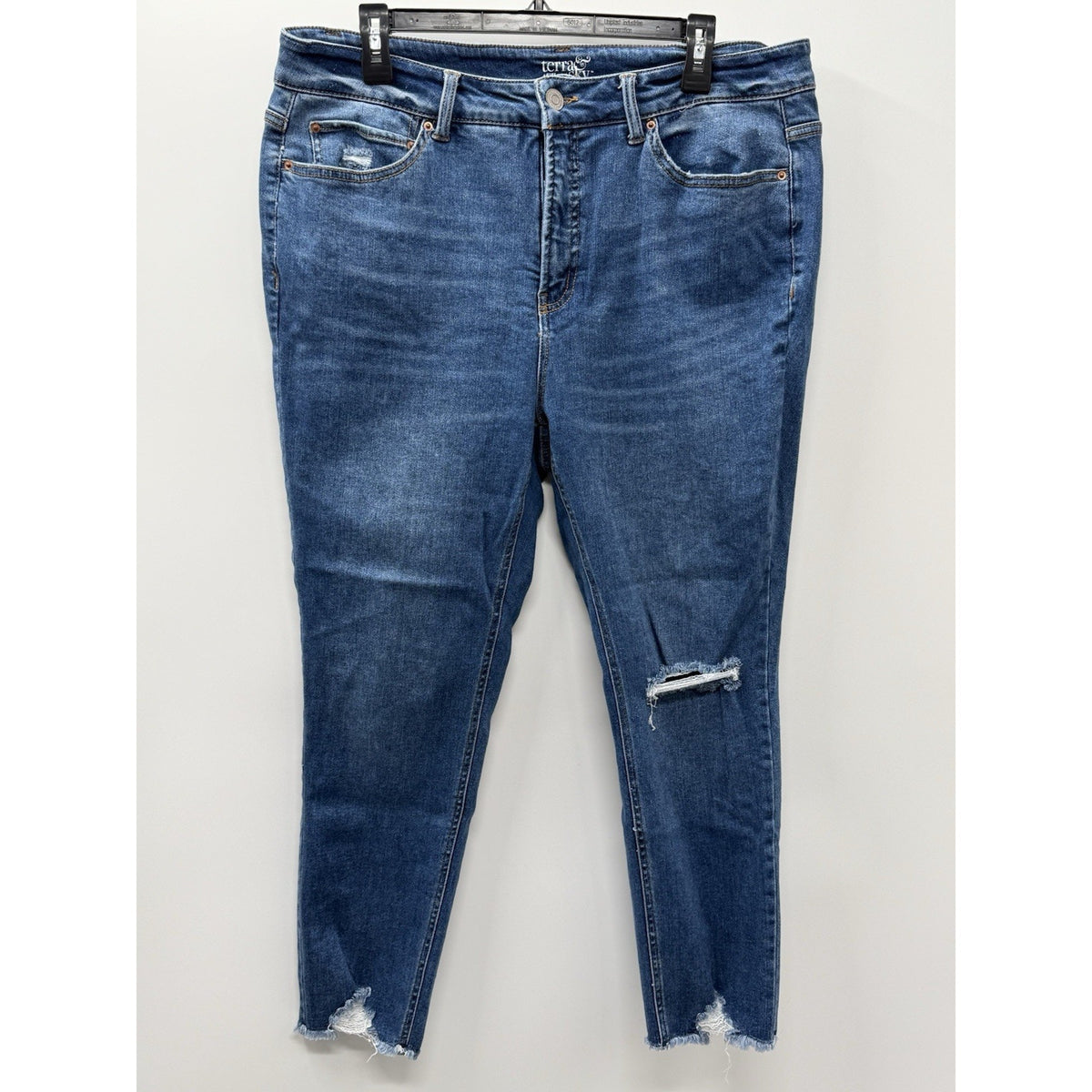 Terra & Sky Womens Jeans 16W Skinny Ankle Distressed Stretch Raw Hem Blue