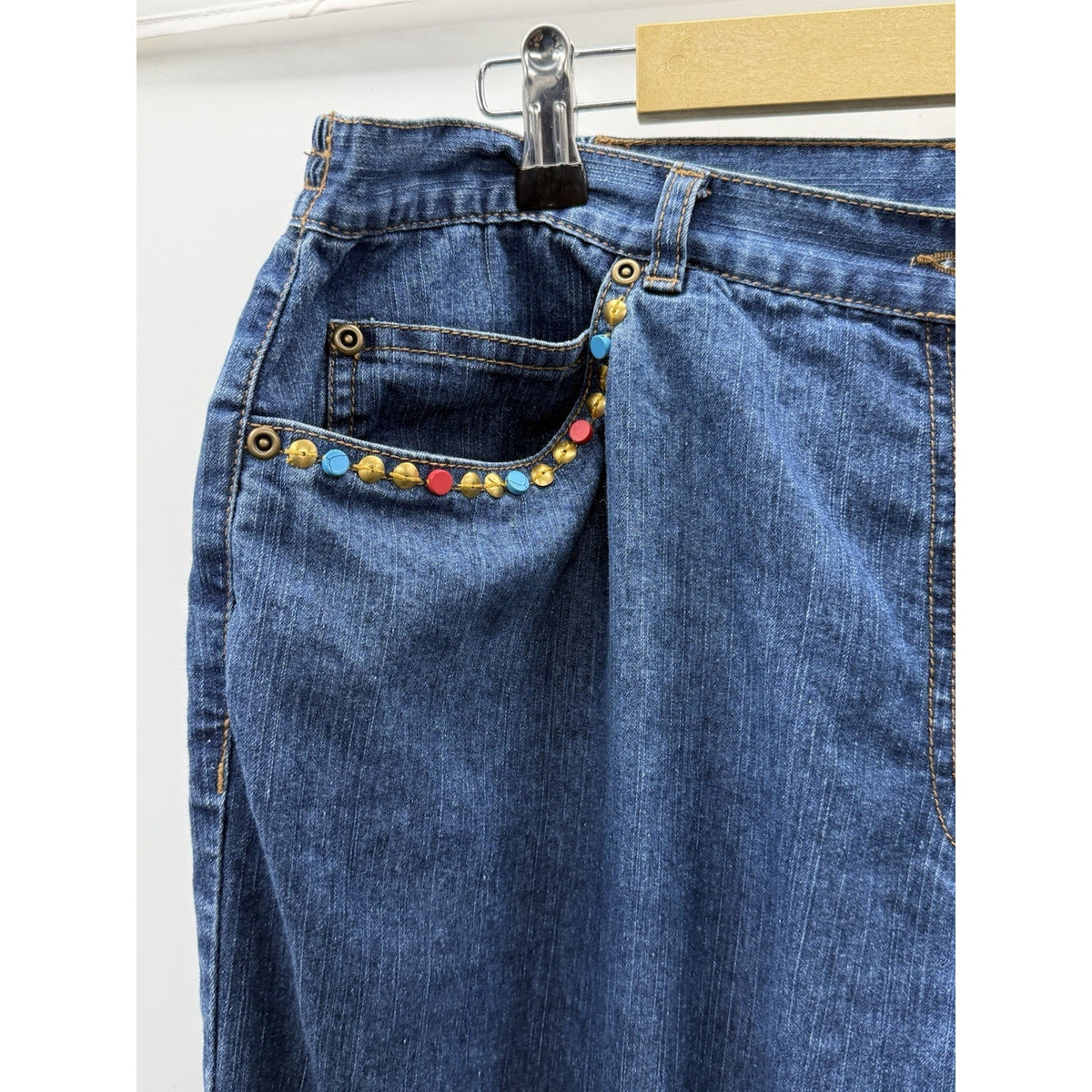 Ruby Rd Beaded Denim Jeans Womens 14 Blue Ramie Blend Y2K Boho Stretch Pants