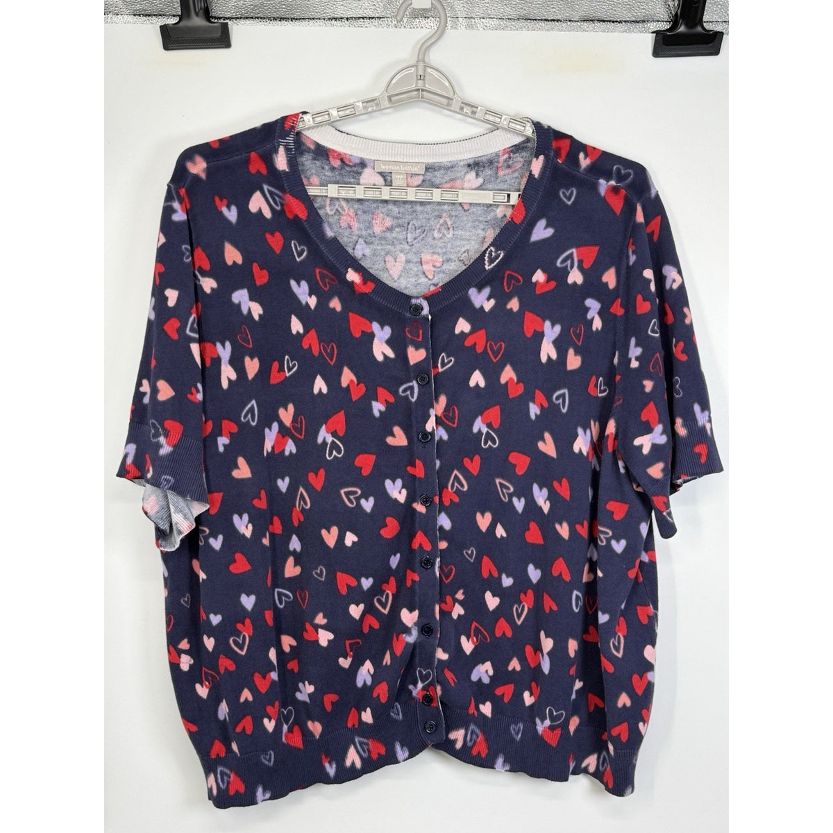 Woman Within Women’s Short Slv 4X Navy/Hearts Cotton Cardigan Sweater