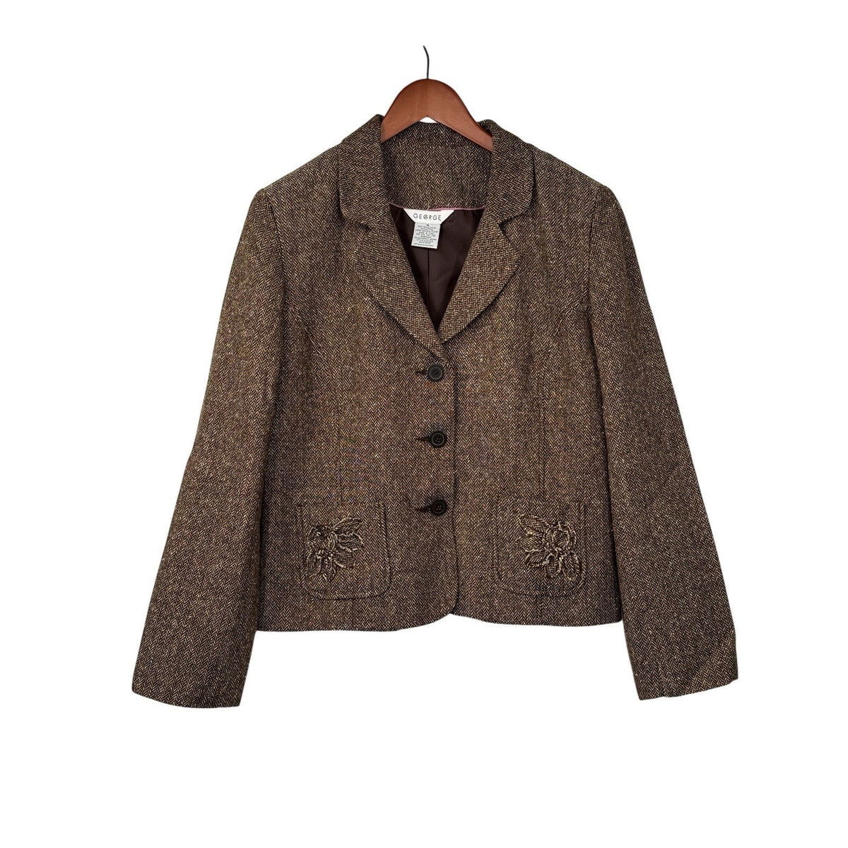 George Women’s Brown Herringbone Blazer Jacket Size 16 Button Embroidered Pocket
