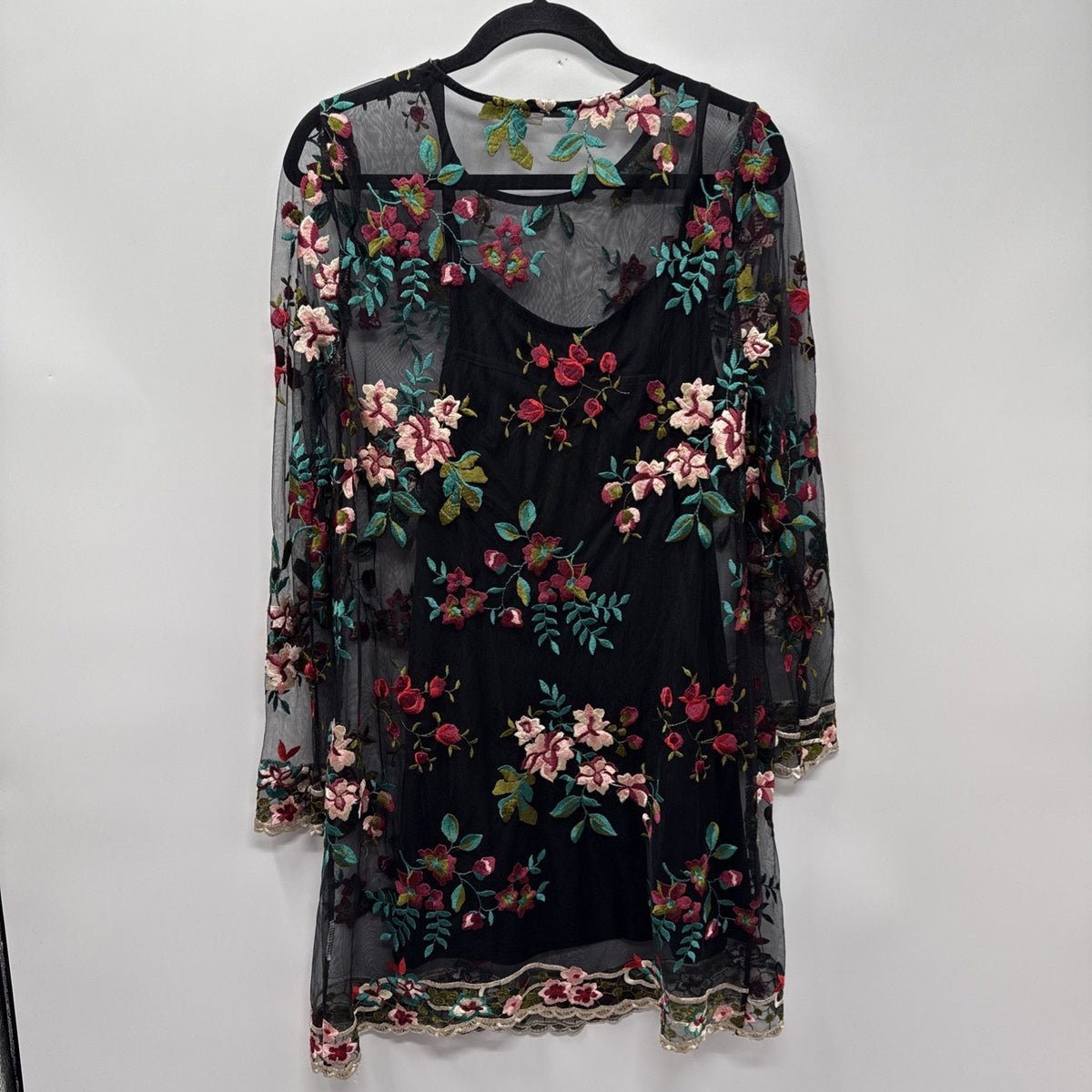 Antonette Embroidered Mesh Floral Tunic Top M Black Sheer Boho Romantic