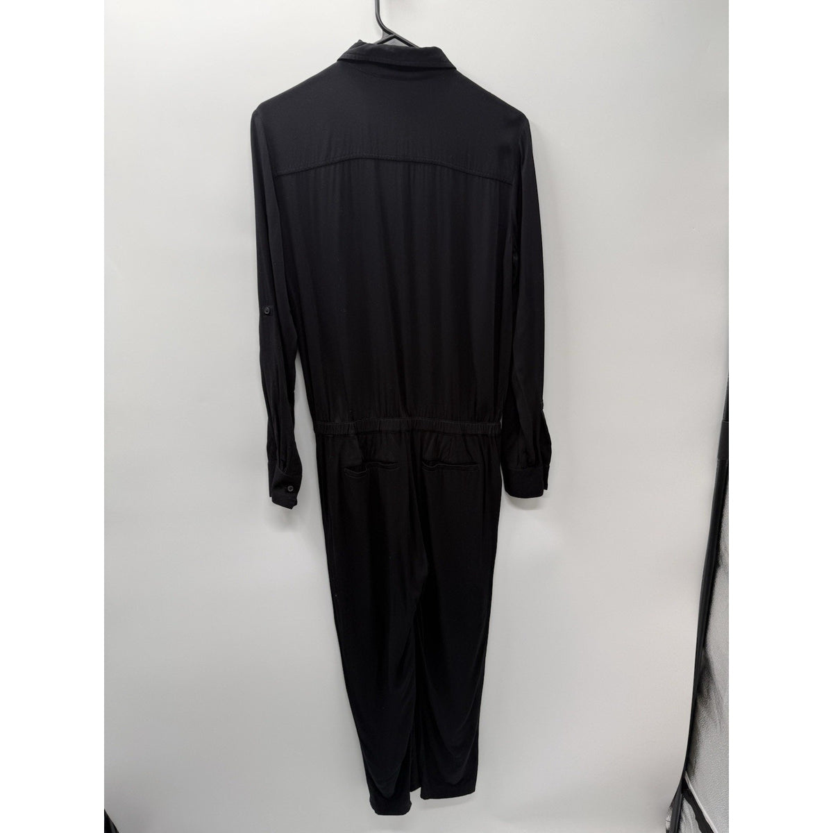 LOFT Black Zip Front Jumpsuit XS Long Sleeve Rayon Roll Tab Utility Pockets