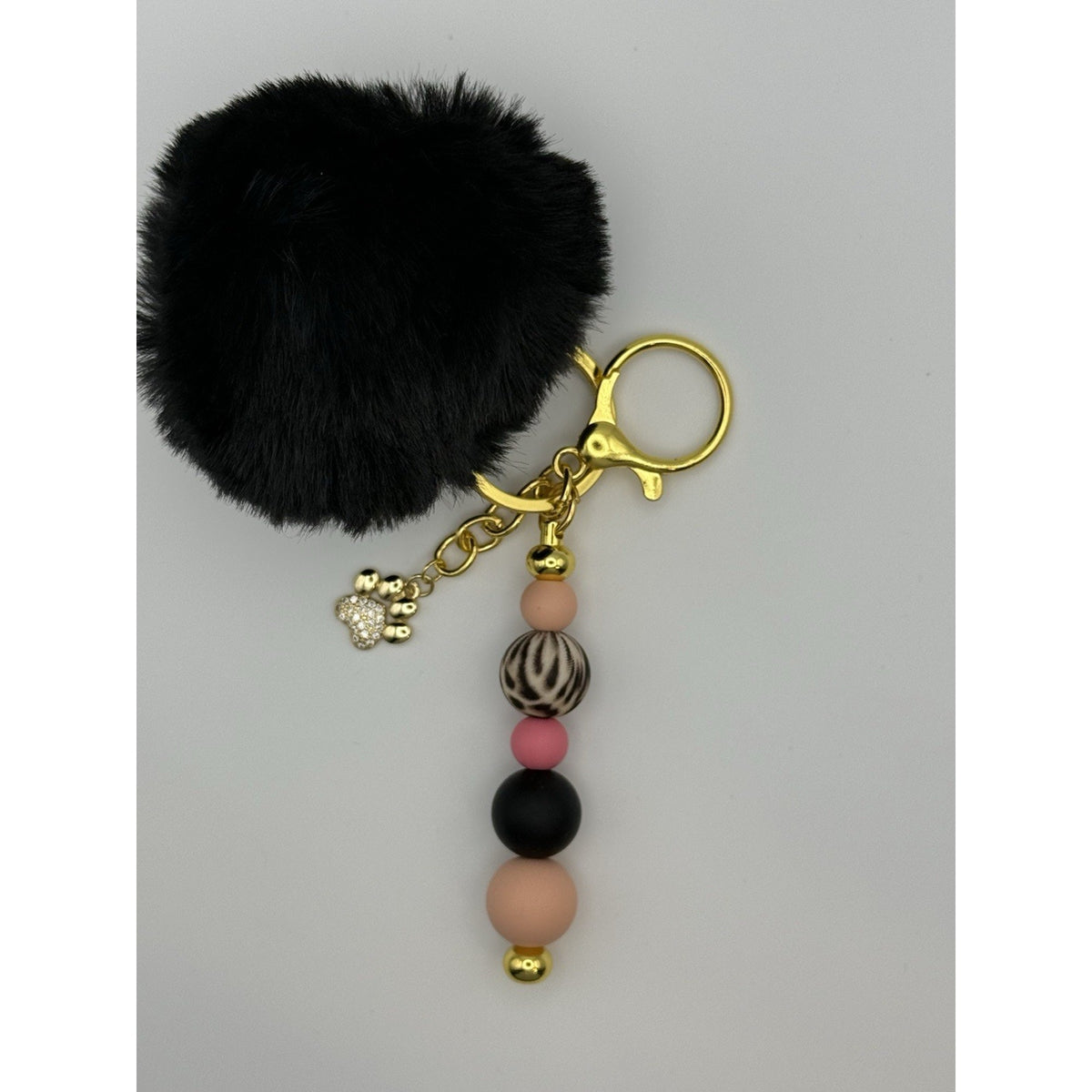 Keychain Gold Dog Paw Charm Black Pom Pom Purse Charm Neutral Chic