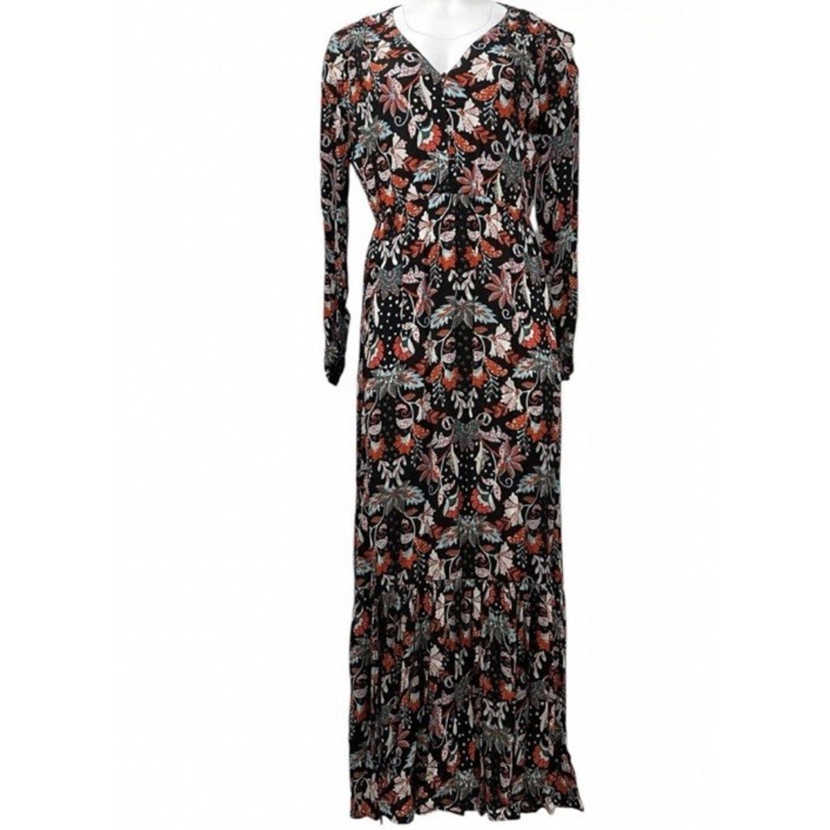 New York & Company Women Black Maxi Dress W/Floral Print Size Small Long Sleeve