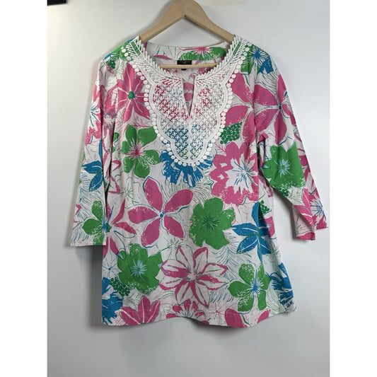 Talbots Cotton Tunic Top Lace Bib Floral Tropical Beachy Lightweight Women Sz 1X