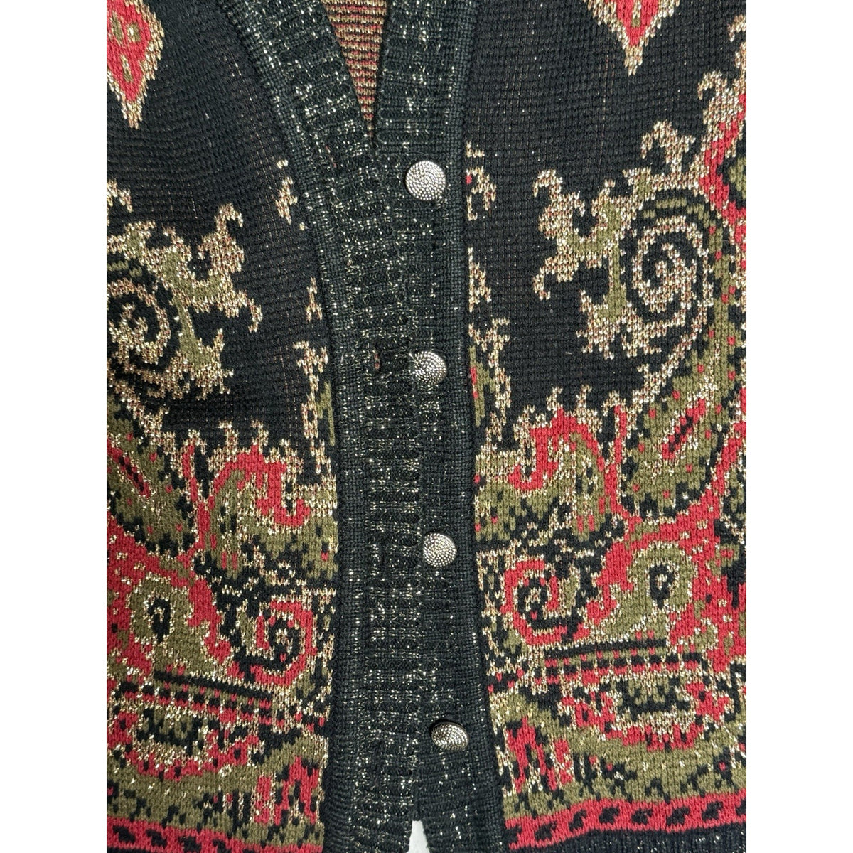 CST Studio Cardigan Sweater Sz 44 Metallic Lurex Black Red Gold Paisley Long