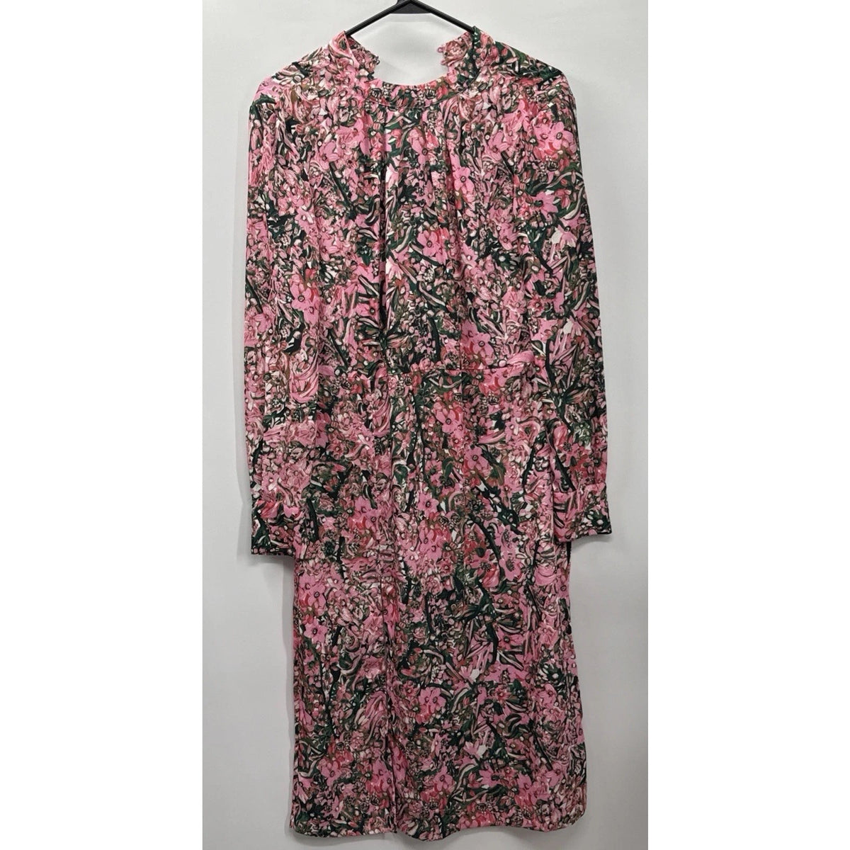 H&M Long Sleeve Pink & Green Midi Dress Size 4 High Neck Open Back Lightweight
