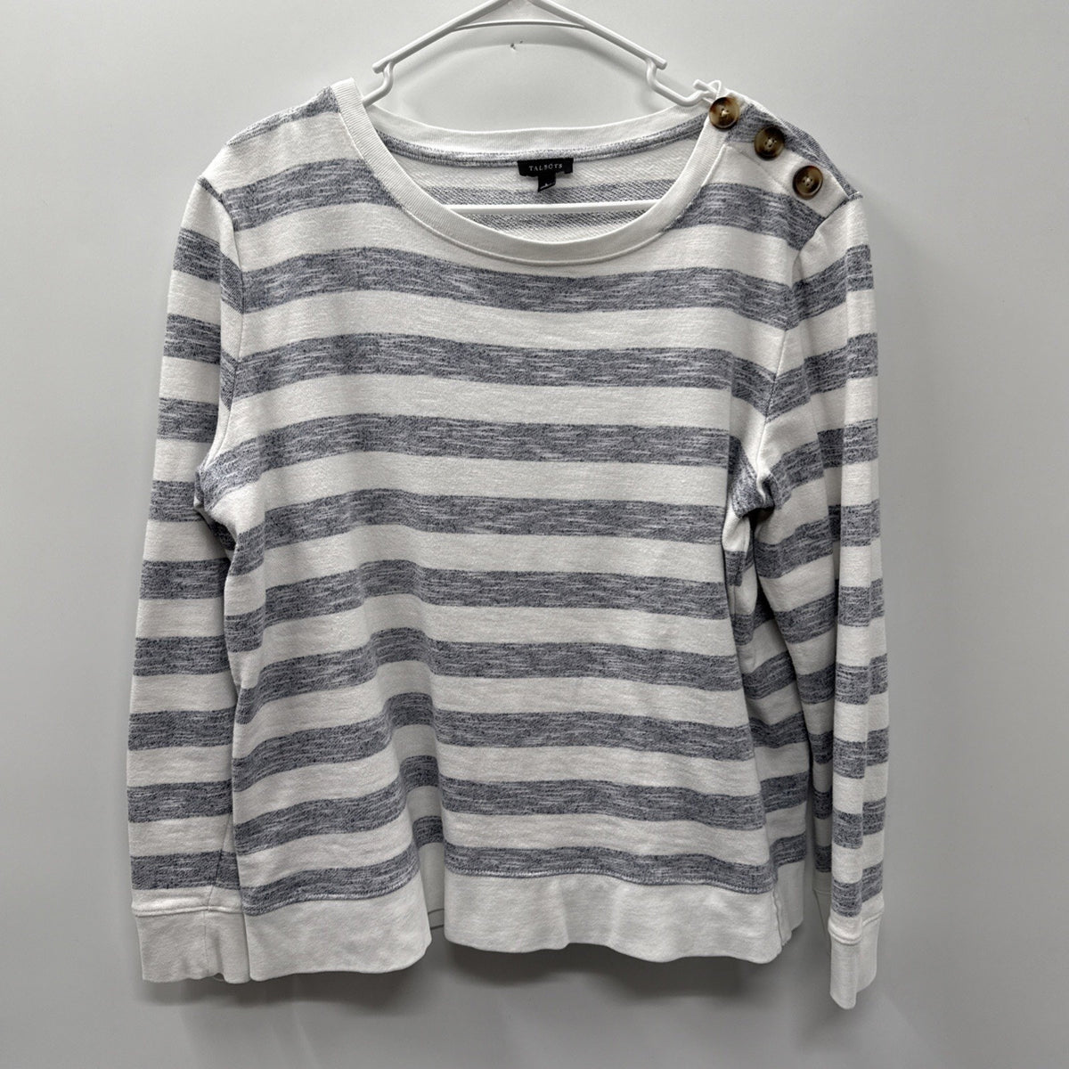 Talbots Womens Large Sweatshirt Sweater Long Sleeve Cotton Grey White Stripe