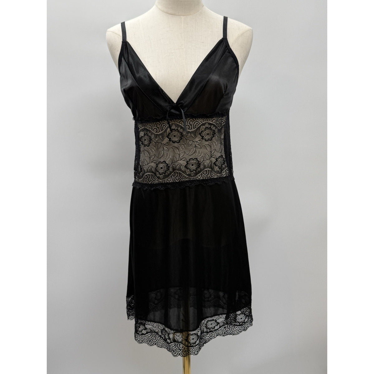 Tracy Black Satin Lace Slip Dress Adjustable Straps Romantic Lingerie Goth Sz L