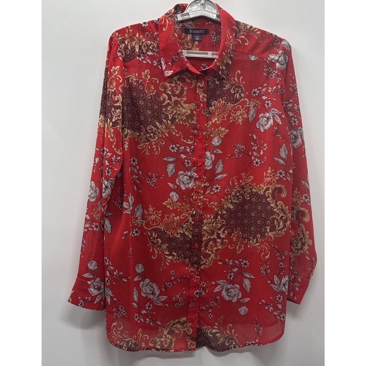Roaman’s 16W Red Floral Boho Button Front Tunic Blouse Sheer Long Sleeve