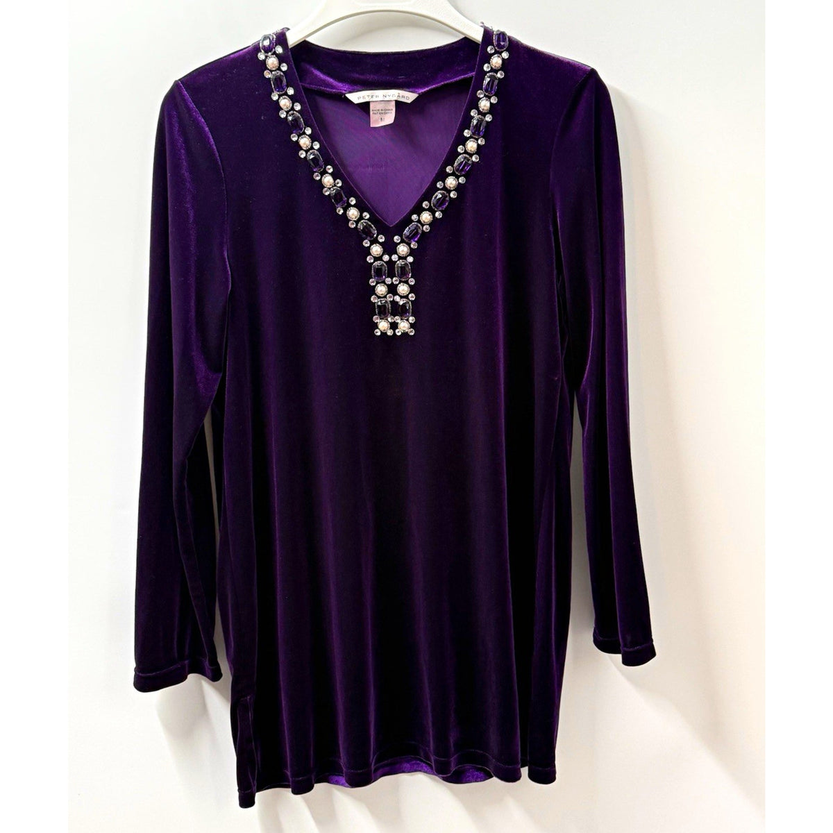 Peter Nygard Womens M Purple Velvet V-Neck Long Sleeve Beaded Rhinestone Top