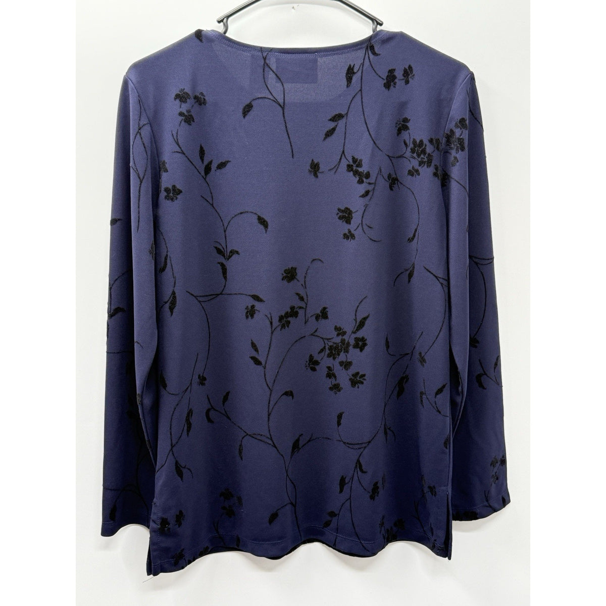 Emma James Medium Navy Flocked Floral Top Long Sleeve Stretch Side Slit Classic