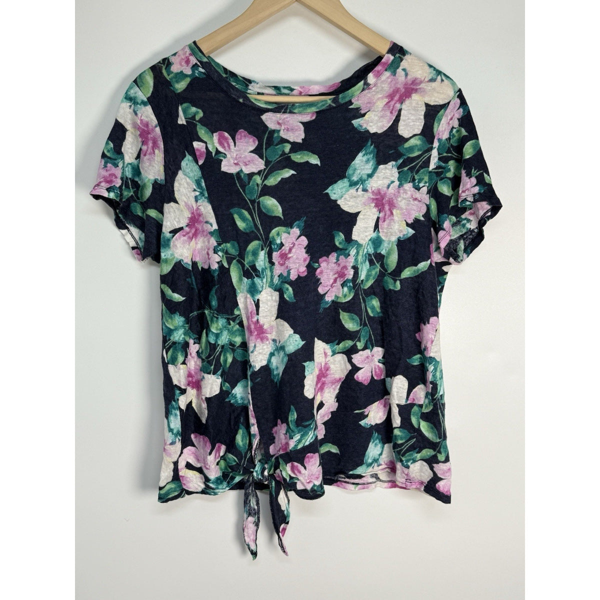 J Jill 100% Linen Floral Tie Front Top Love Linen Navy Pink Green M