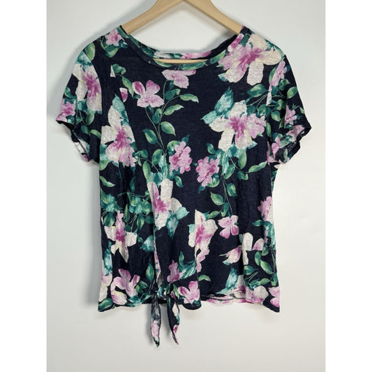 J Jill 100% Linen Floral Tie Front Top Love Linen Navy Pink Green M